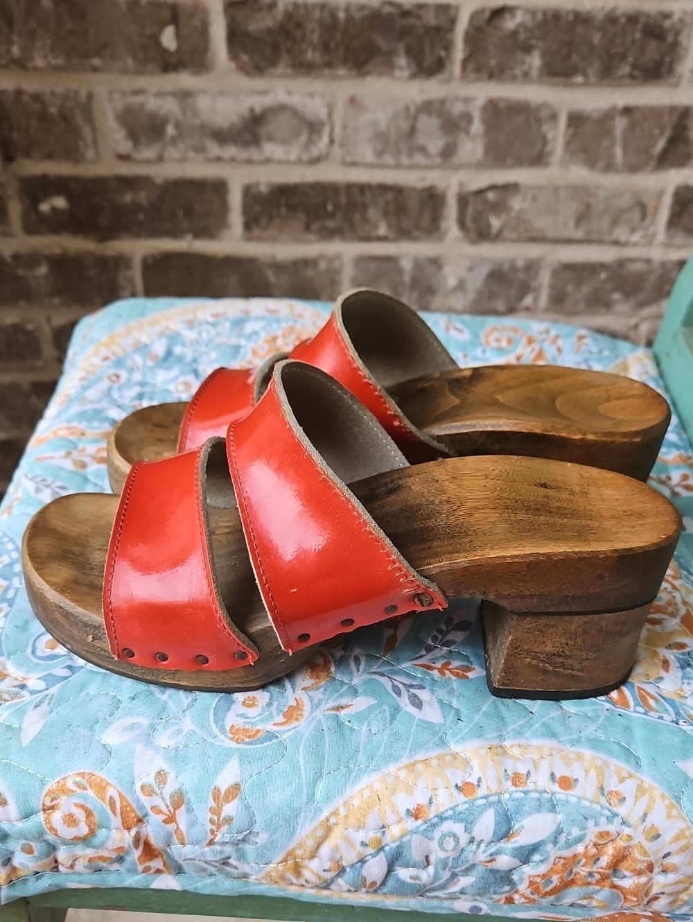 Berkemann Vintage Red Women’s Open-Toe Red Leather Wood-Platform Clog Sandals